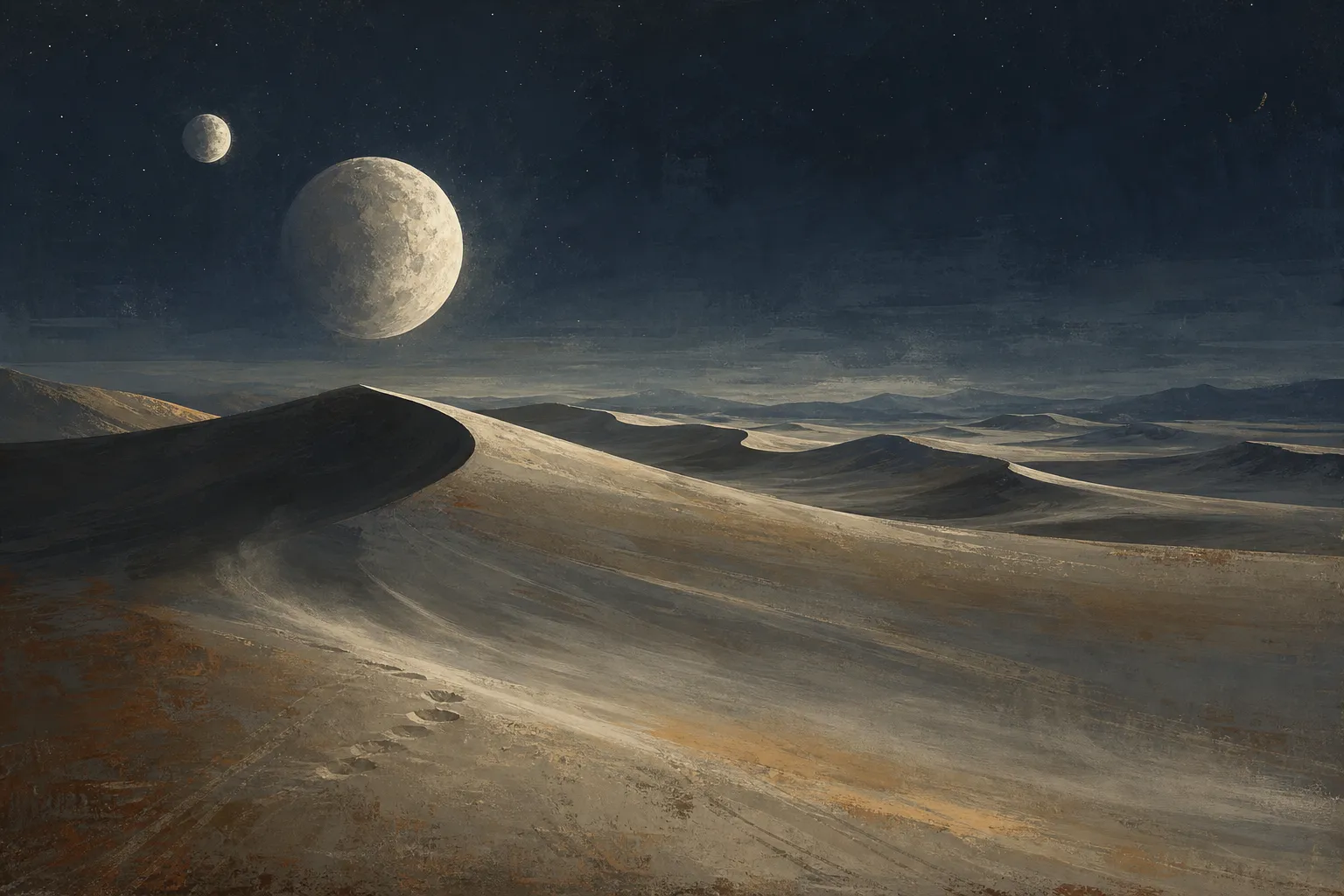Night over empty dunes under two moons, the last footprints fading