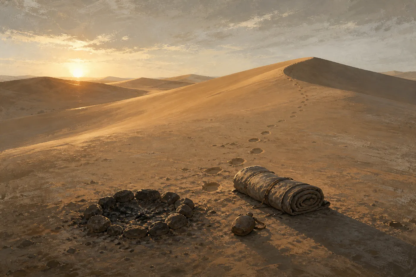 A cold camp alone in open sand - a bedroll, a dead fire, footprints leading away