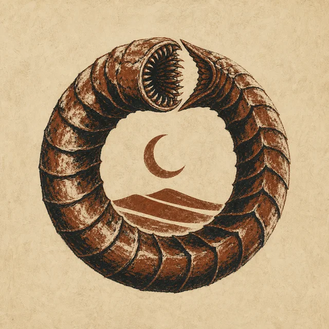 The seal of the Fremen Challenge: a sandworm coiled in a ring around a rising moon