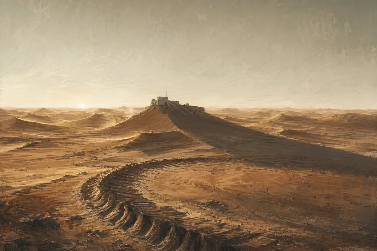 A lone stronghold on a dune crest ringed by a colossal worm track