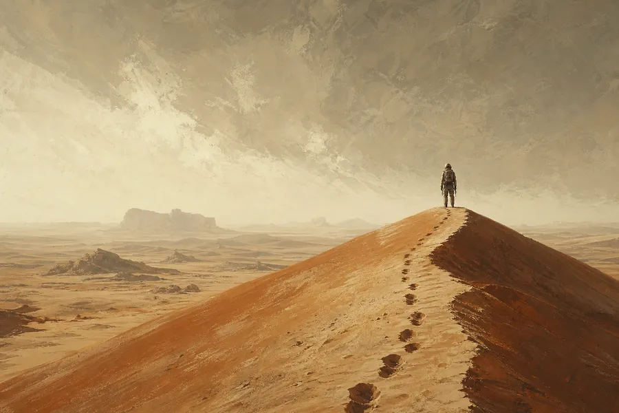 A lone figure on a dune crest, footprints trailing behind