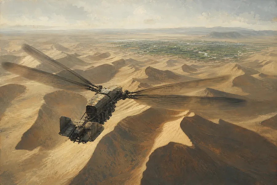 An ornithopter crossing the dune sea toward the green of Hagga Basin