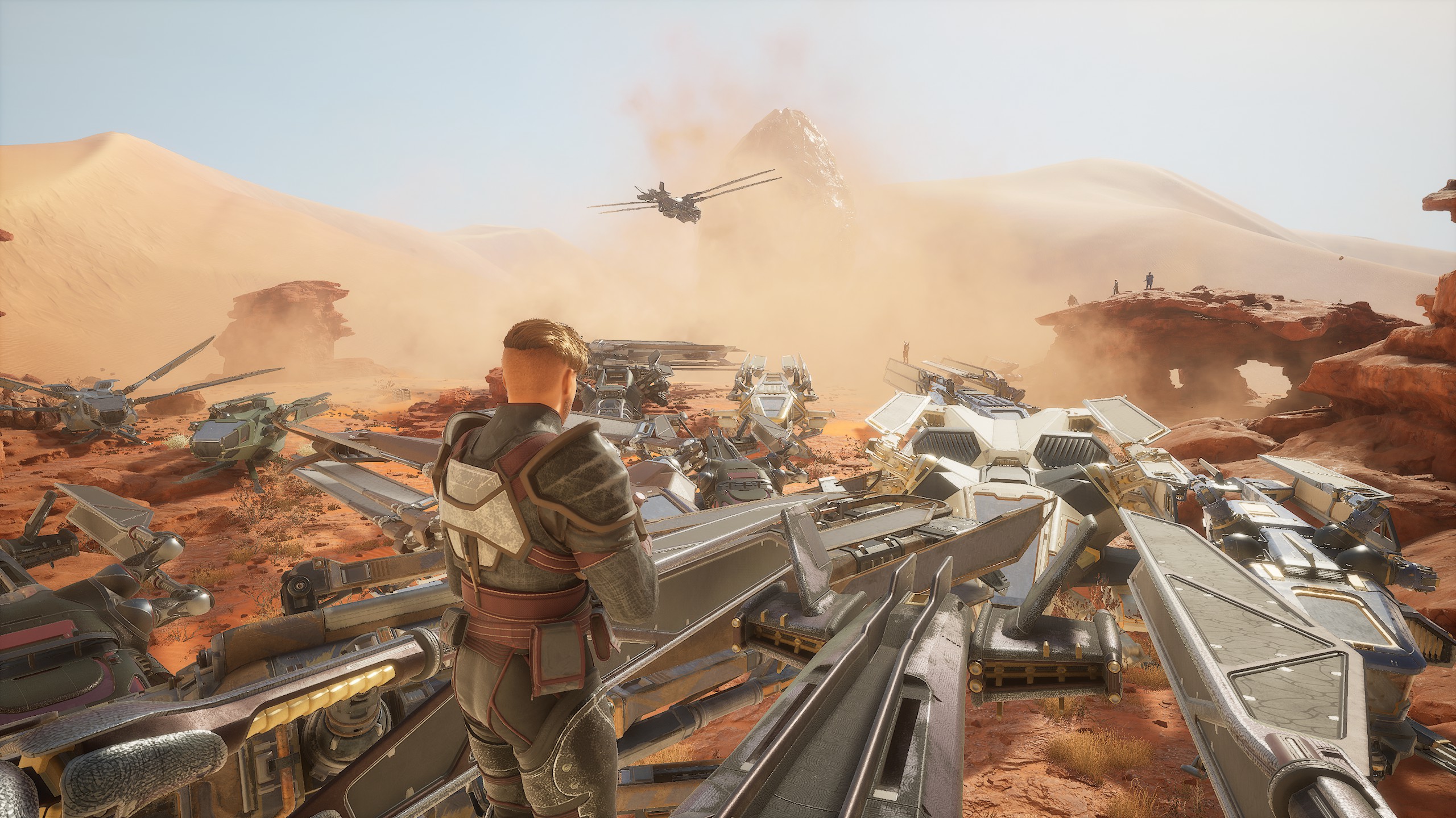 Wide shot of community thopter convoy